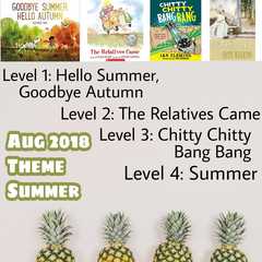 August book poster Four books images across the top Goodbye Summer Hello Autumn for Level 1 The Relatives Came for Level 2 Chitty Chitty Bang Bang for Level 3 Summer for Level 4 Theme Summer Pineapple border along the bottom